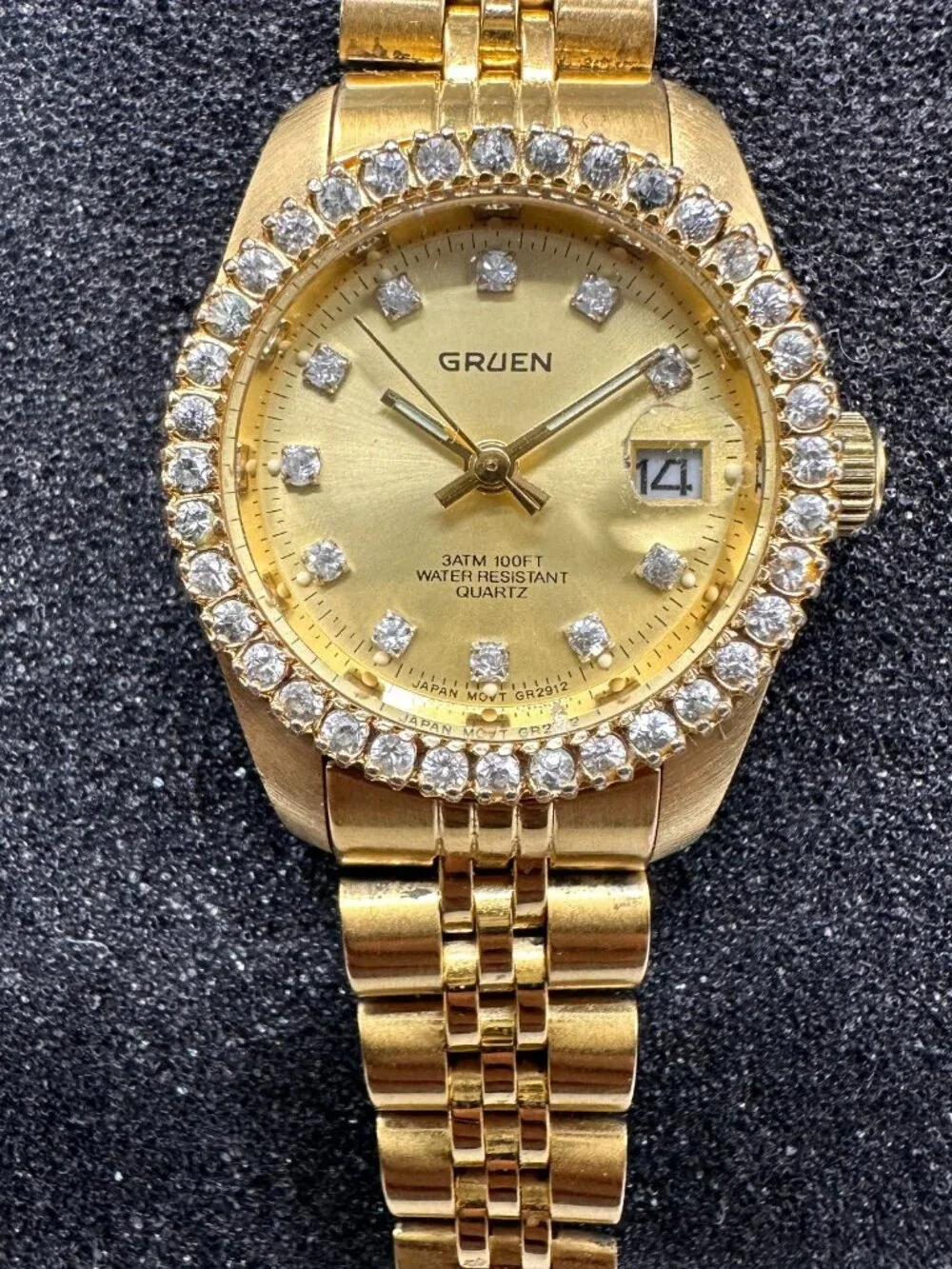 Gruen Watch Women Gold Tone Crystal Bezel Not Working Selling AS IS 7.25